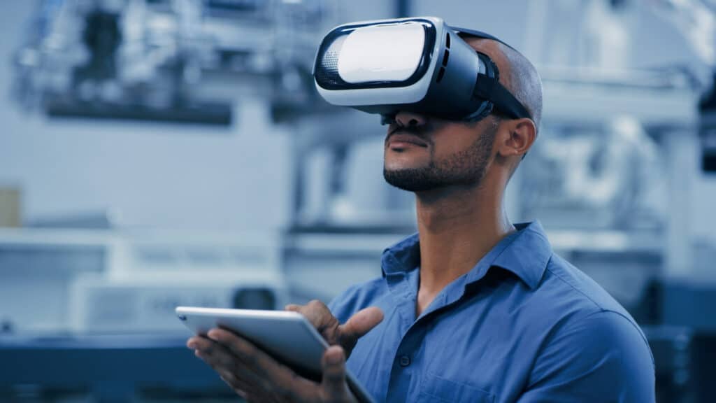 VR, glasses and engineering man on tablet for futuristic research